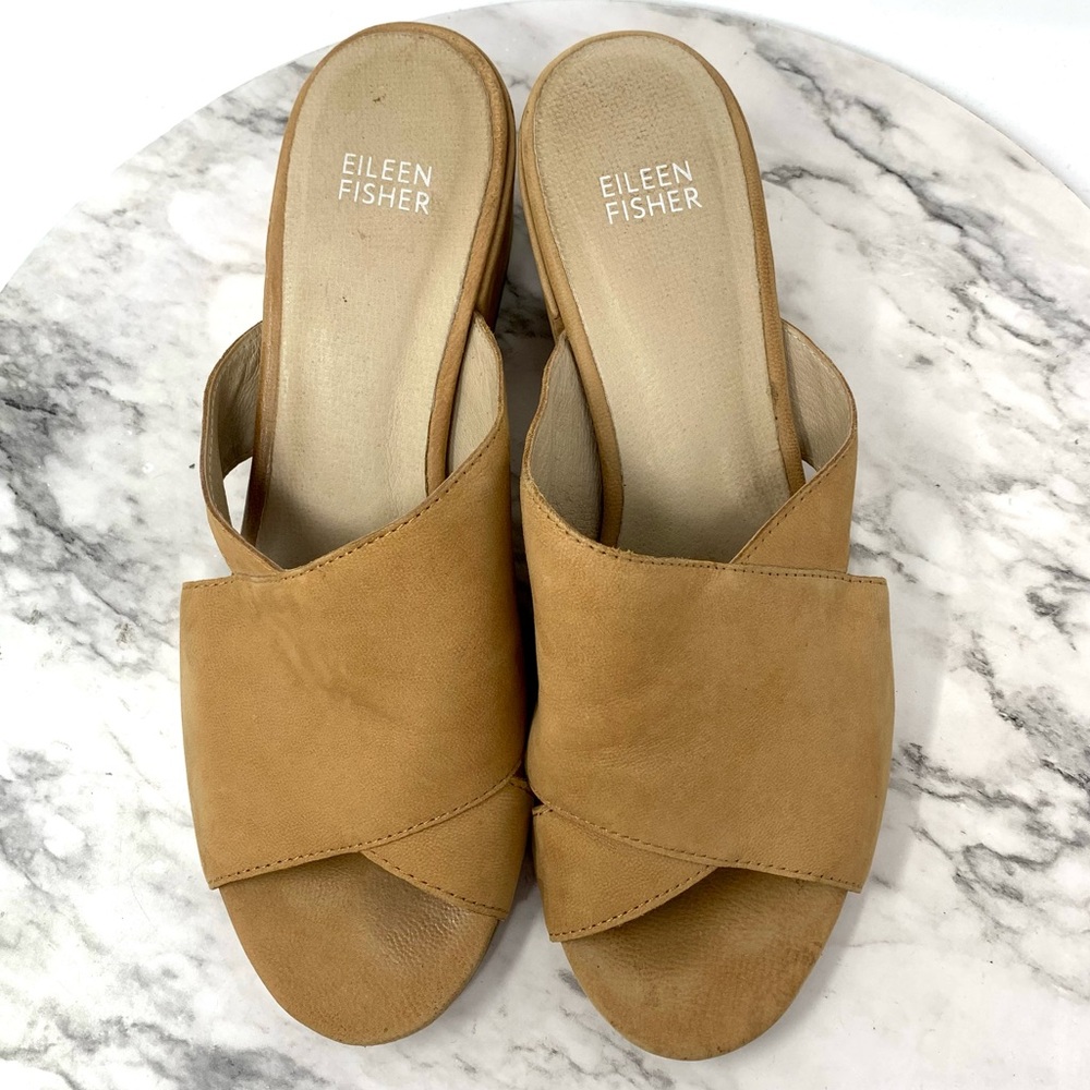 Eileen Fisher Haven Sand Nubuck Open Toe Block Heel Sandal Slides 8 Neutral Chic - Picture 6 of 15